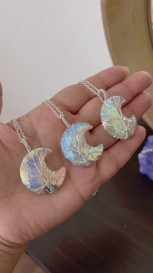 Angel Aura Quartz Crescent Moon Tree of Life Necklace