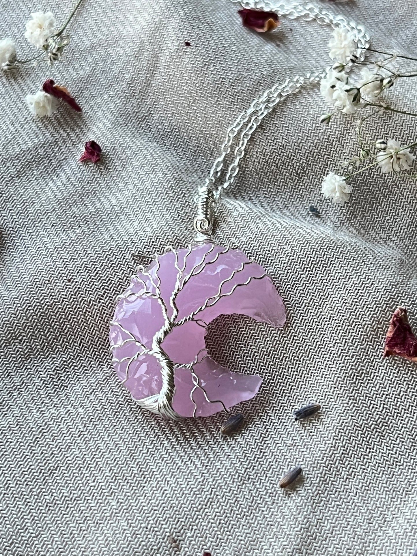 Pink Quartz Crescent Moon Tree of Life Necklaces