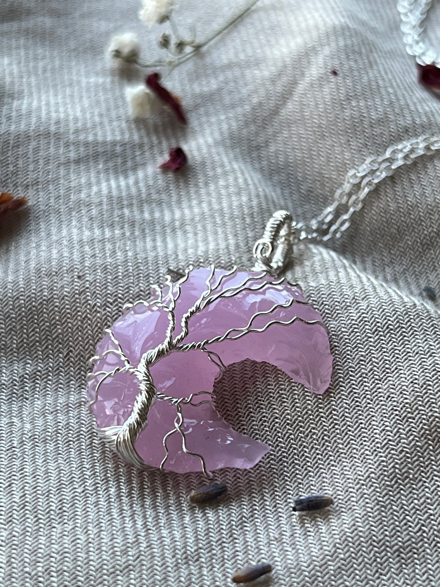 Pink Quartz Crescent Moon Tree of Life Necklaces