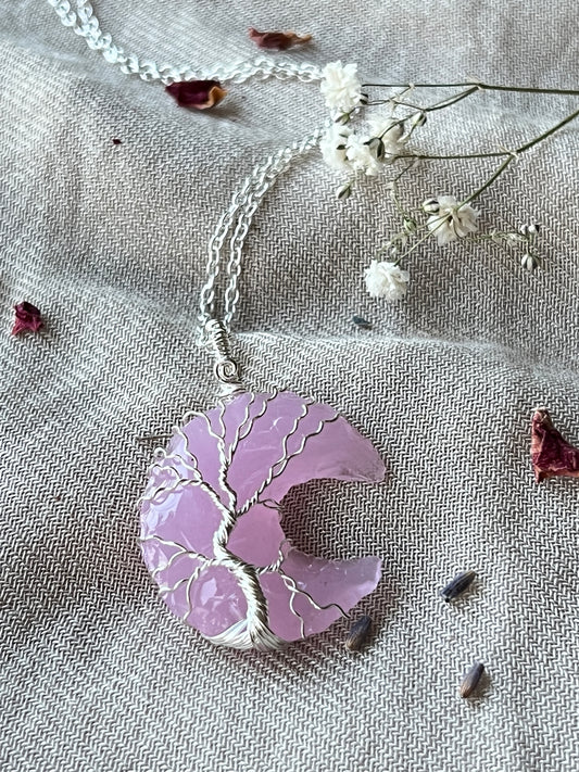 Pink Quartz Crescent Moon Tree of Life Necklaces