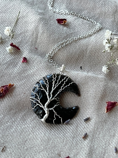 Black Obsidian Crescent Moon Tree of Life Necklaces