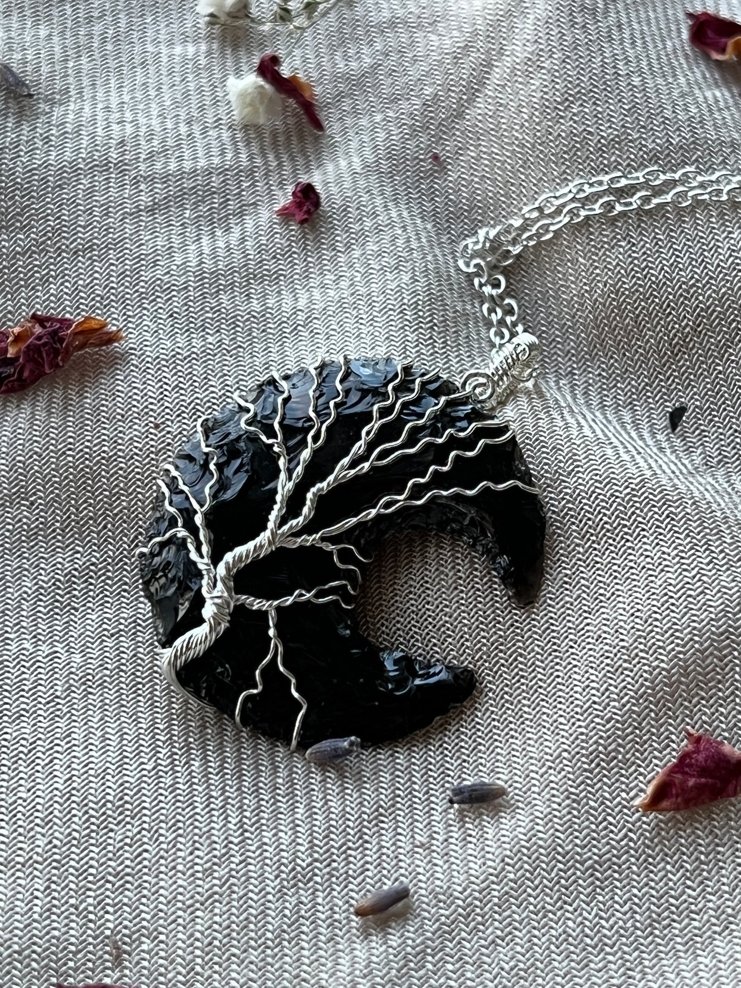 Black Obsidian Crescent Moon Tree of Life Necklaces