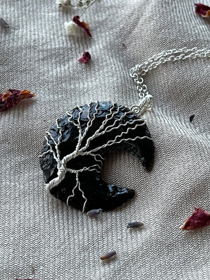 Black Obsidian Crescent Moon Tree of Life Necklaces