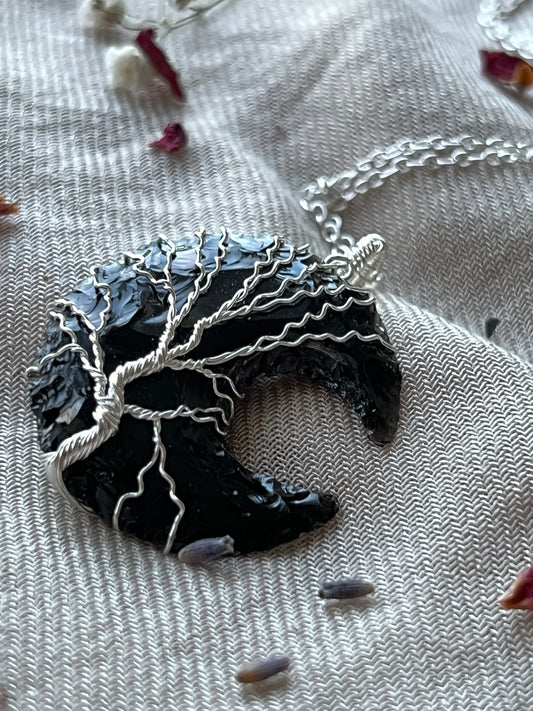 Black Obsidian Crescent Moon Tree of Life Necklaces