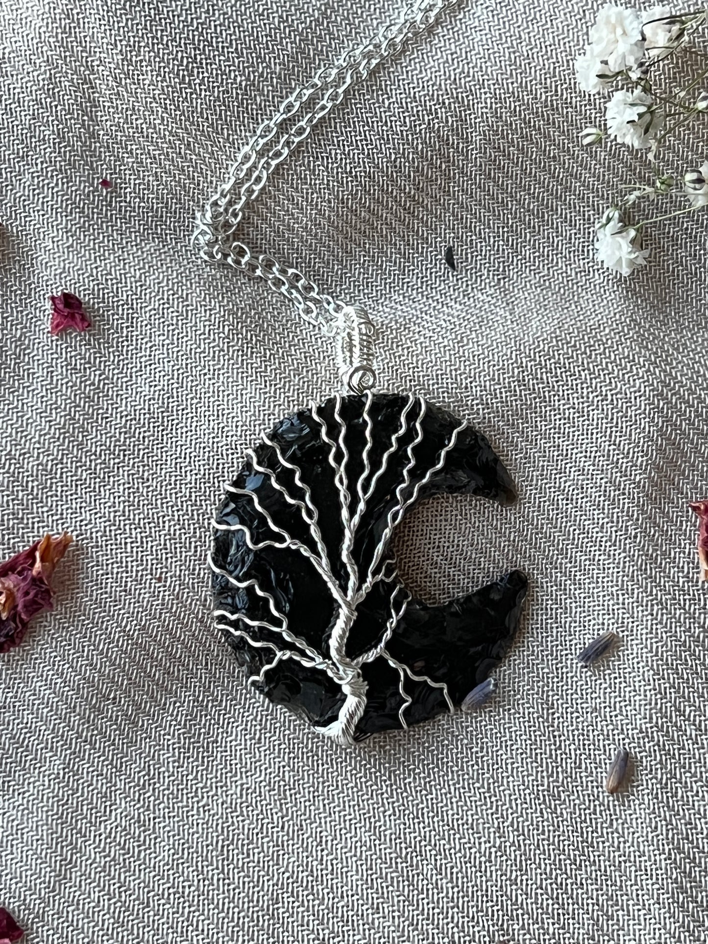 Black Obsidian Crescent Moon Tree of Life Necklaces