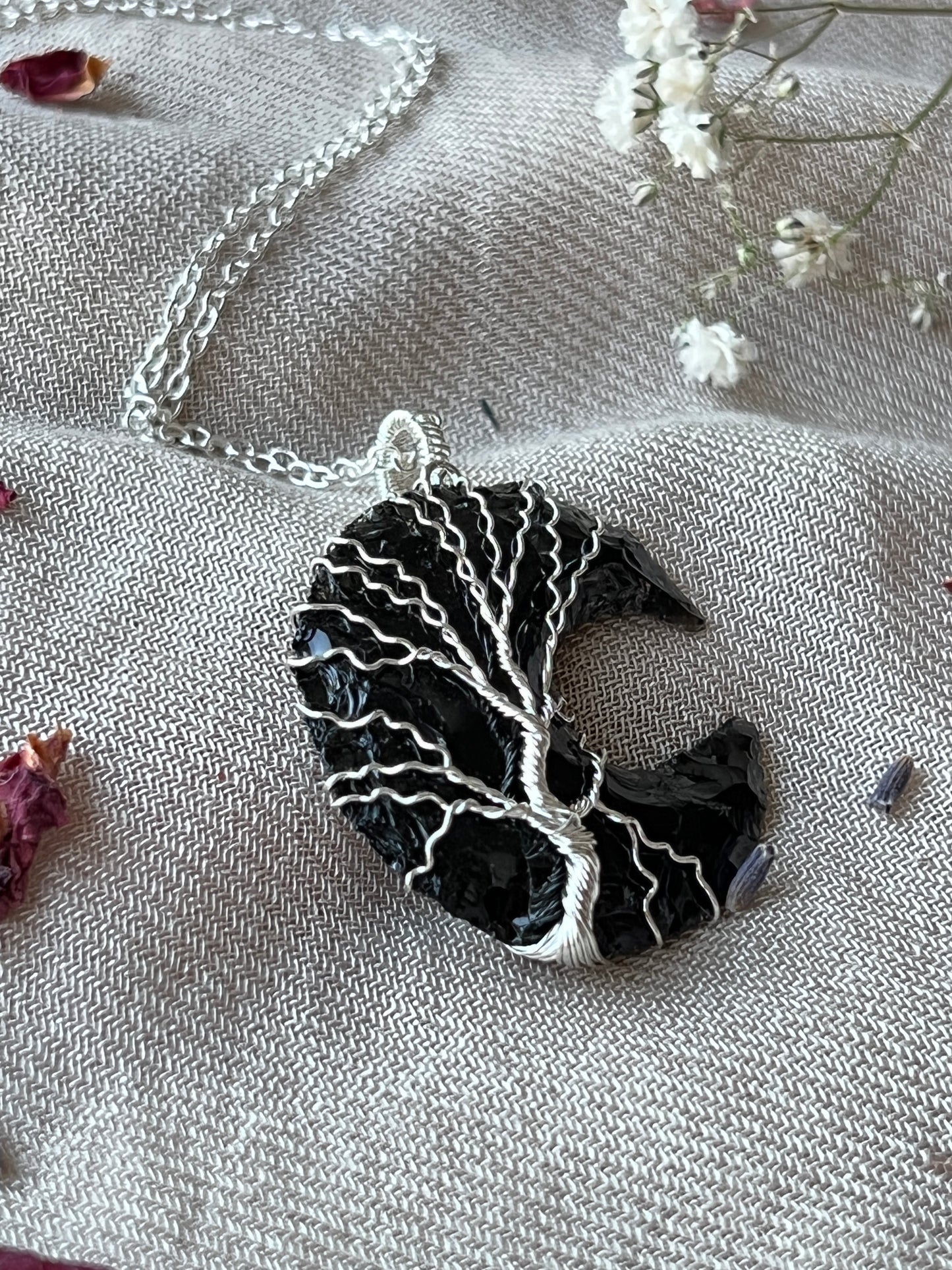 Black Obsidian Crescent Moon Tree of Life Necklaces