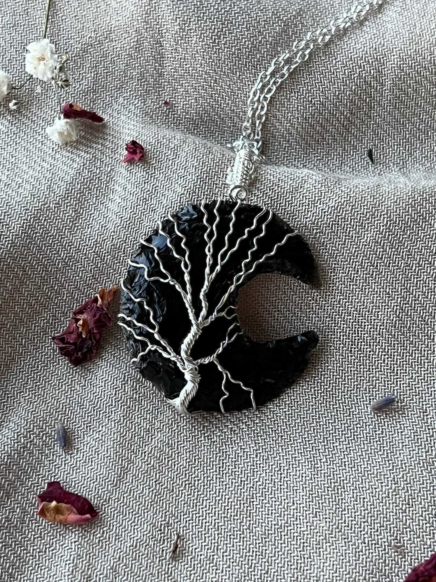 Black Obsidian Crescent Moon Tree of Life Necklaces