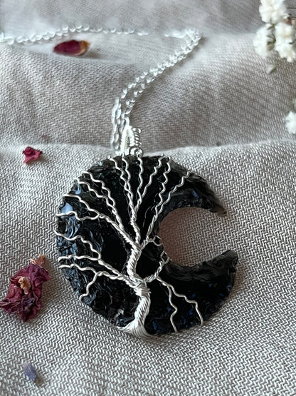 Black Obsidian Crescent Moon Tree of Life Necklaces