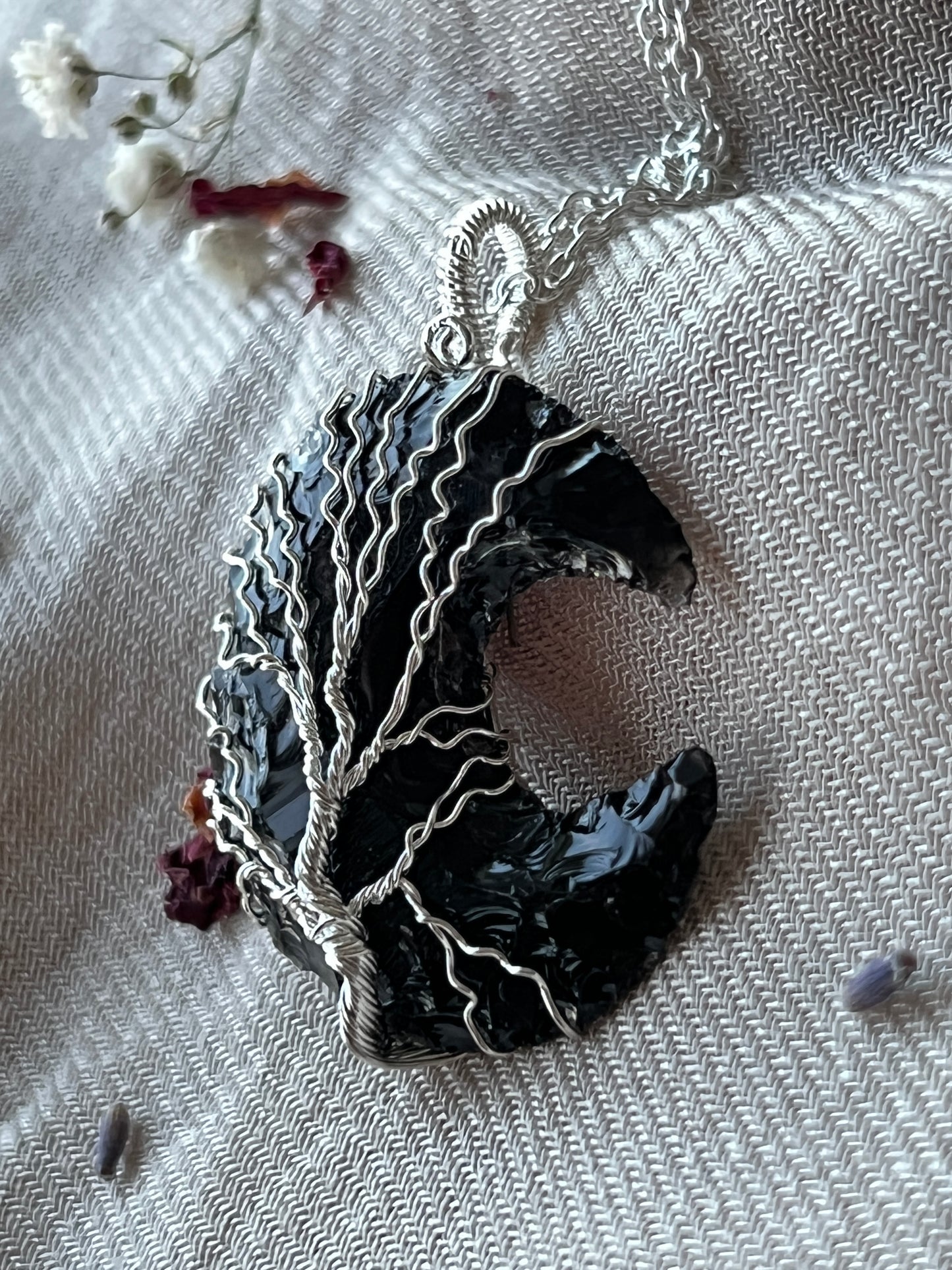 Black Obsidian Crescent Moon Tree of Life Necklaces