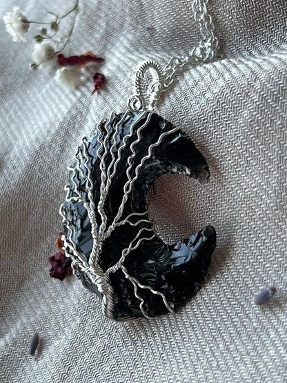 Black Obsidian Crescent Moon Tree of Life Necklaces