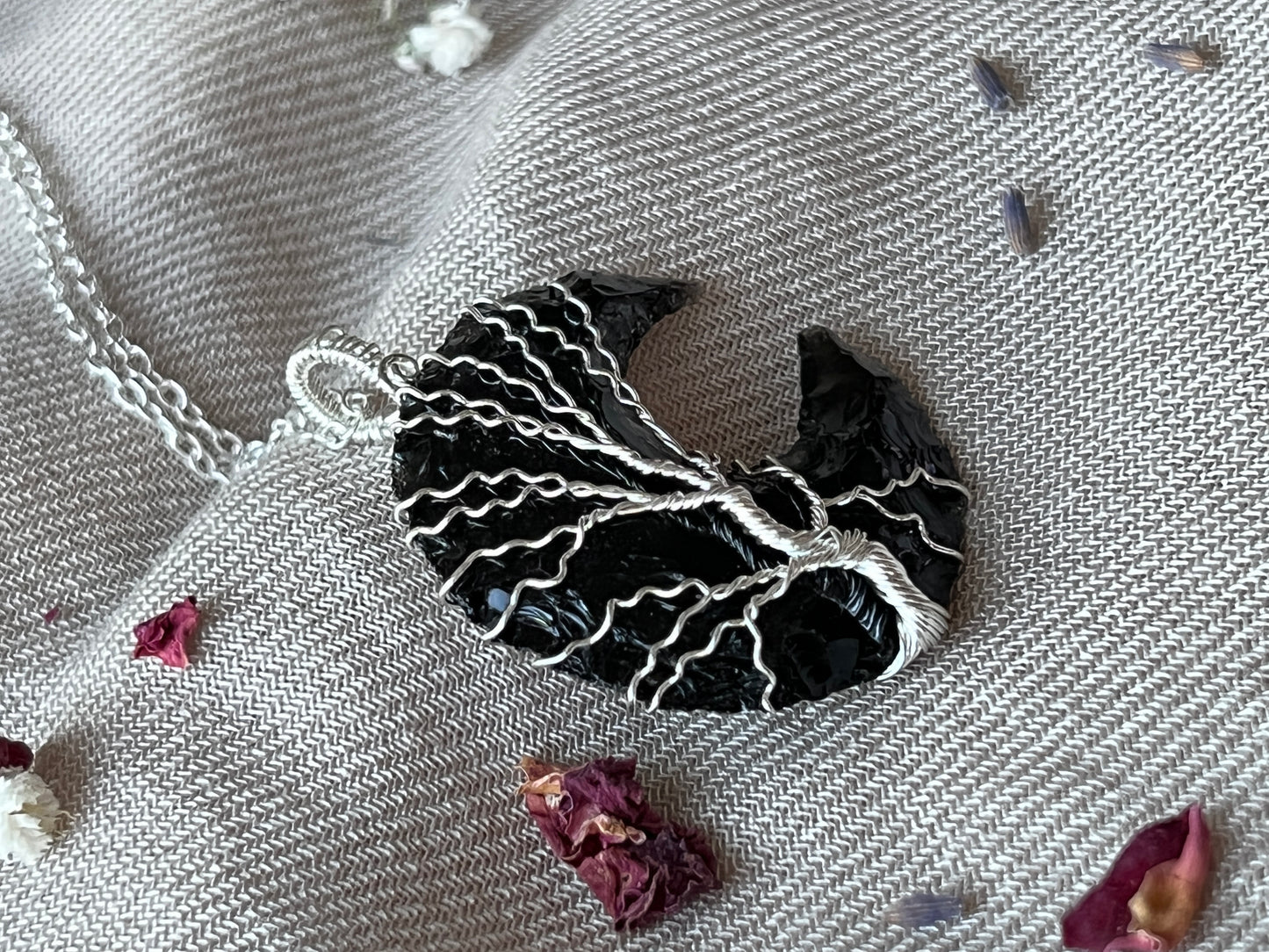 Black Obsidian Crescent Moon Tree of Life Necklaces