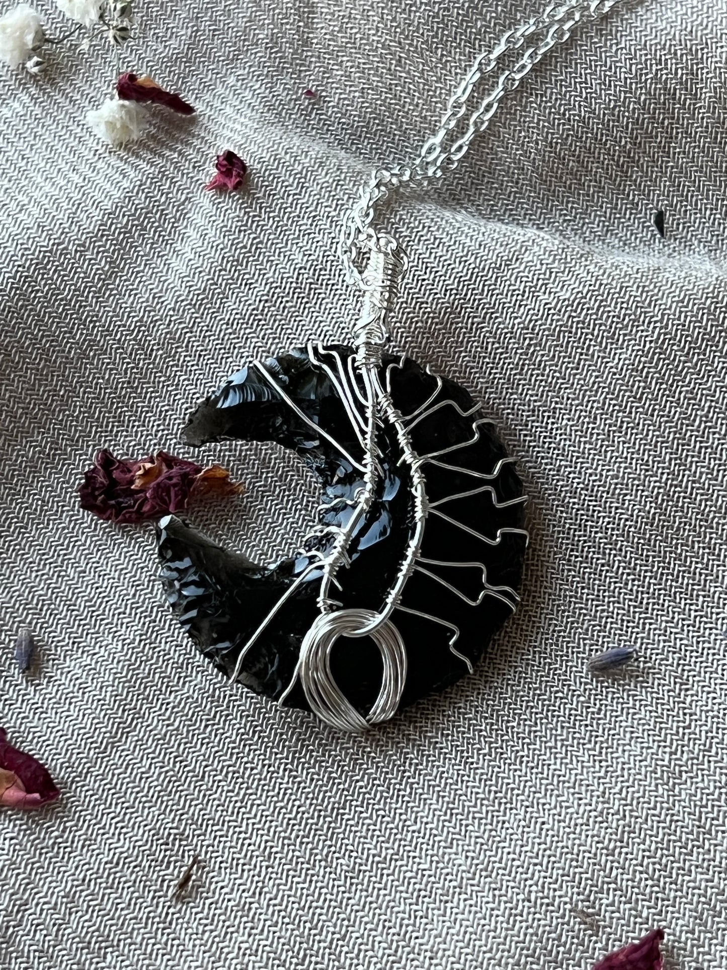 Black Obsidian Crescent Moon Tree of Life Necklaces