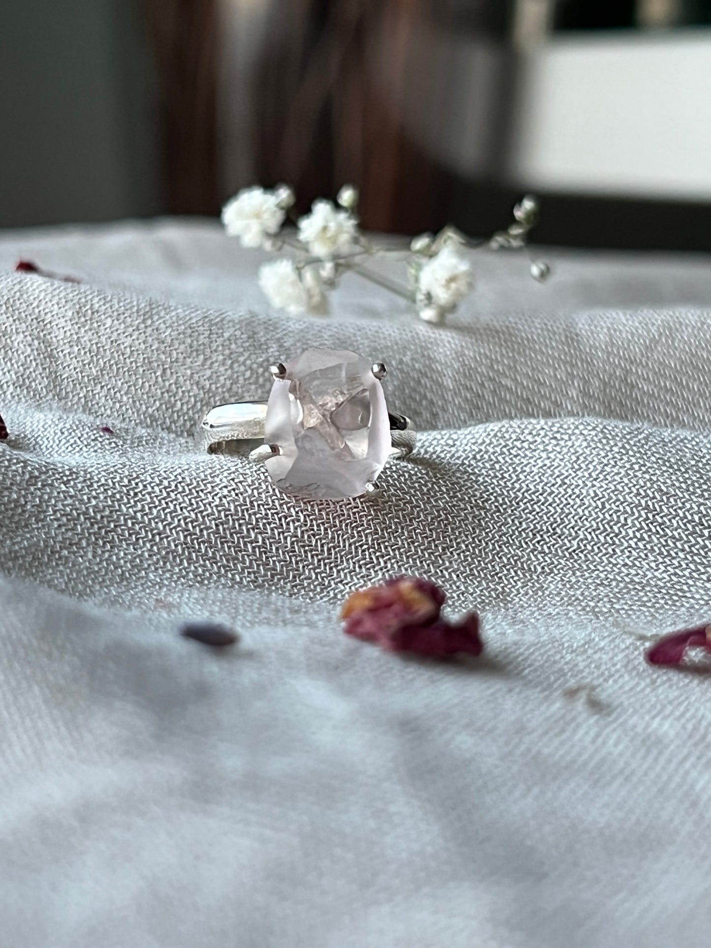 Raw Rose Quartz Ring in Sterling Silver