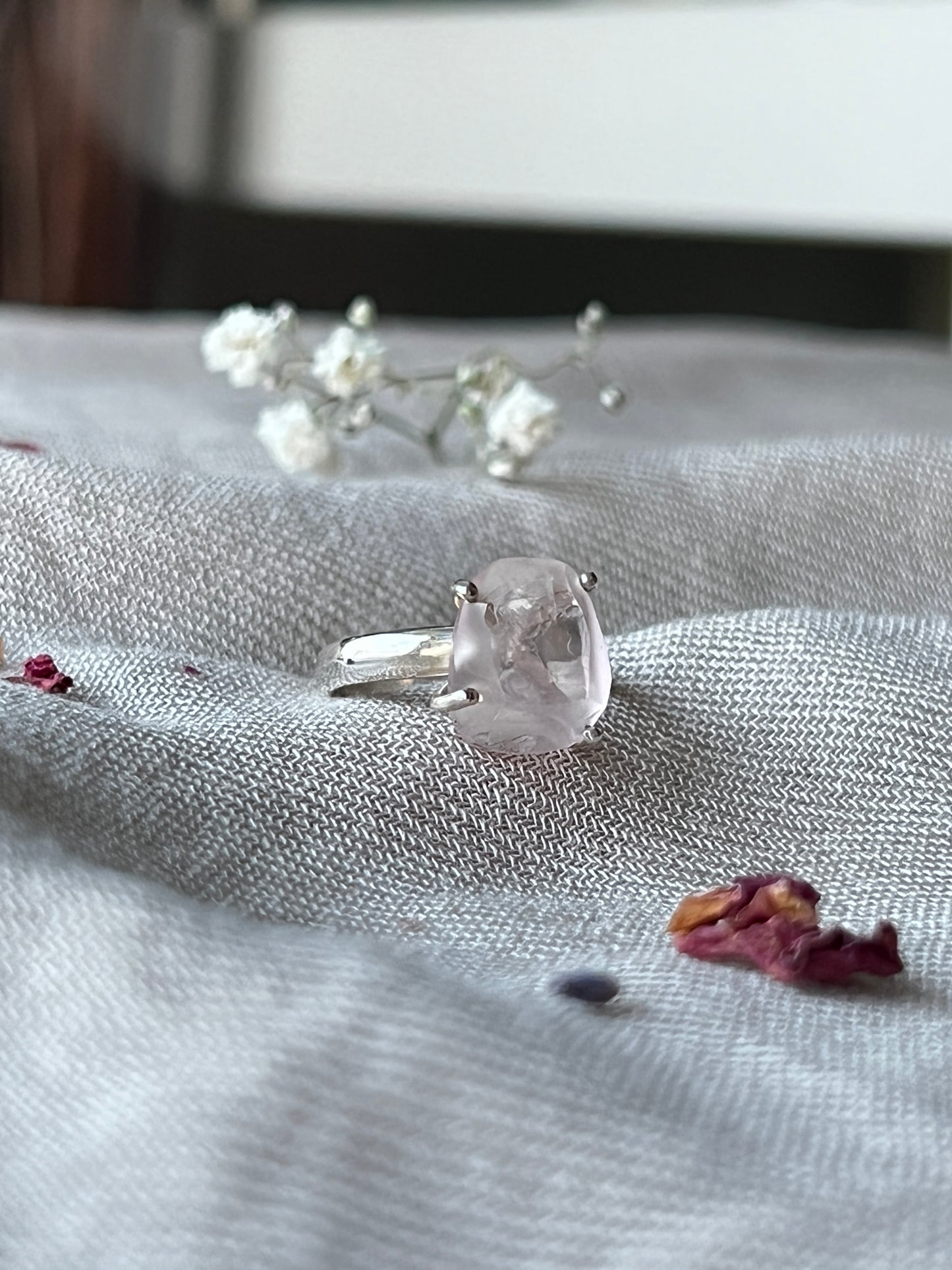 Raw Rose Quartz Ring in Sterling Silver