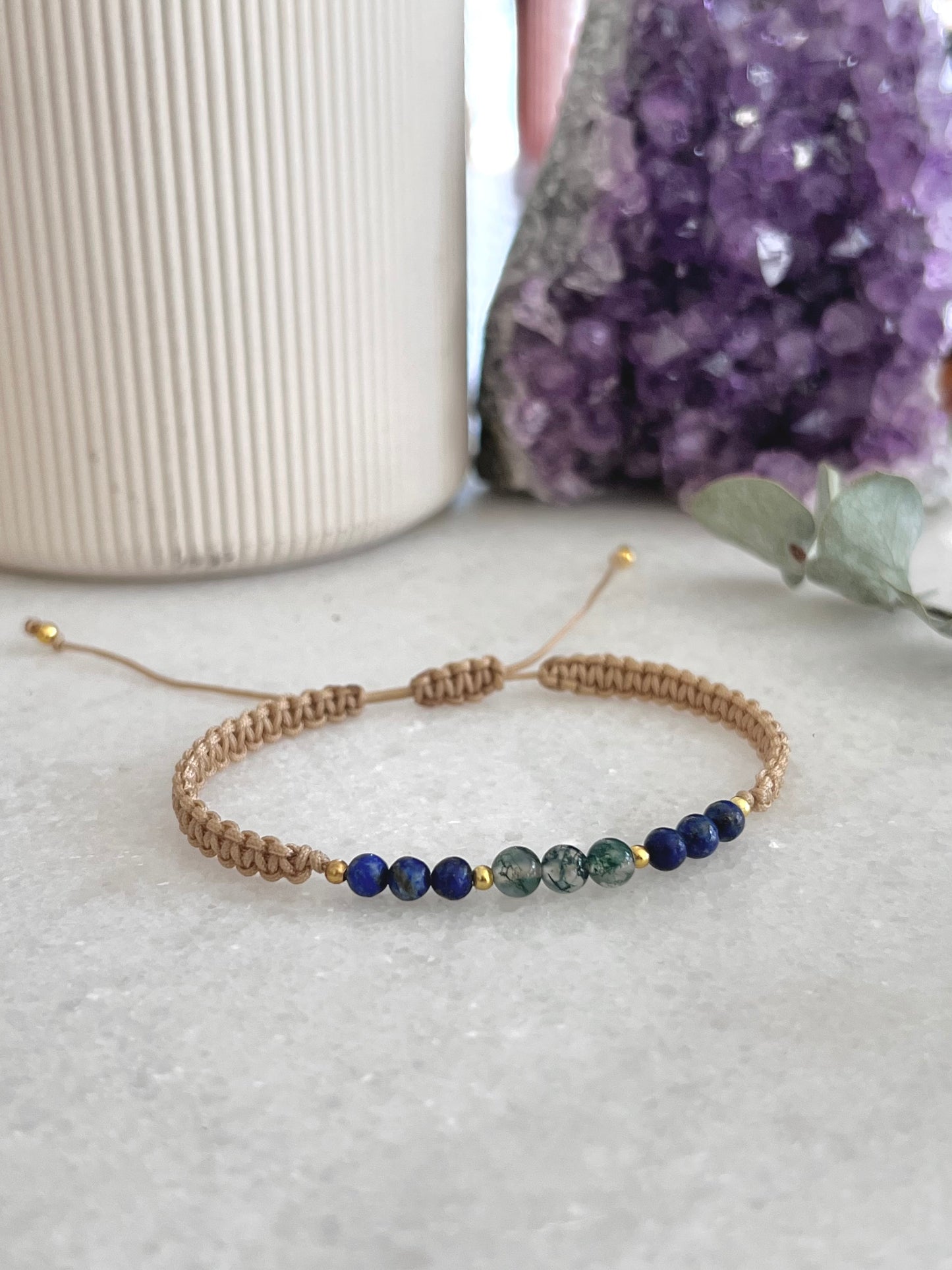 Moss Agate and Lapis Macrame Bracelet