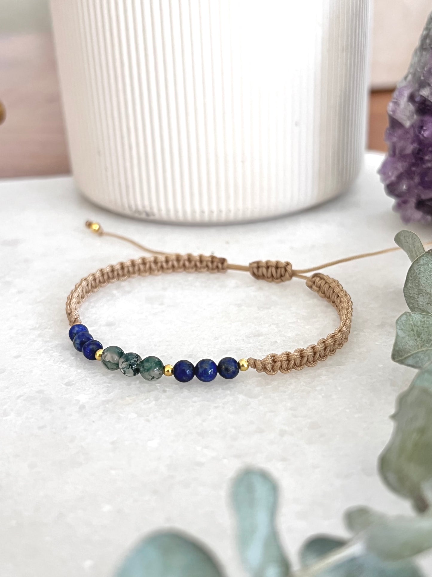 Moss Agate and Lapis Macrame Bracelet