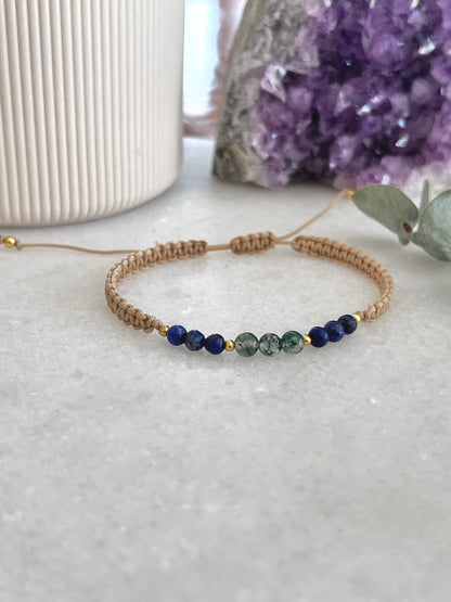 Moss Agate and Lapis Macrame Bracelet