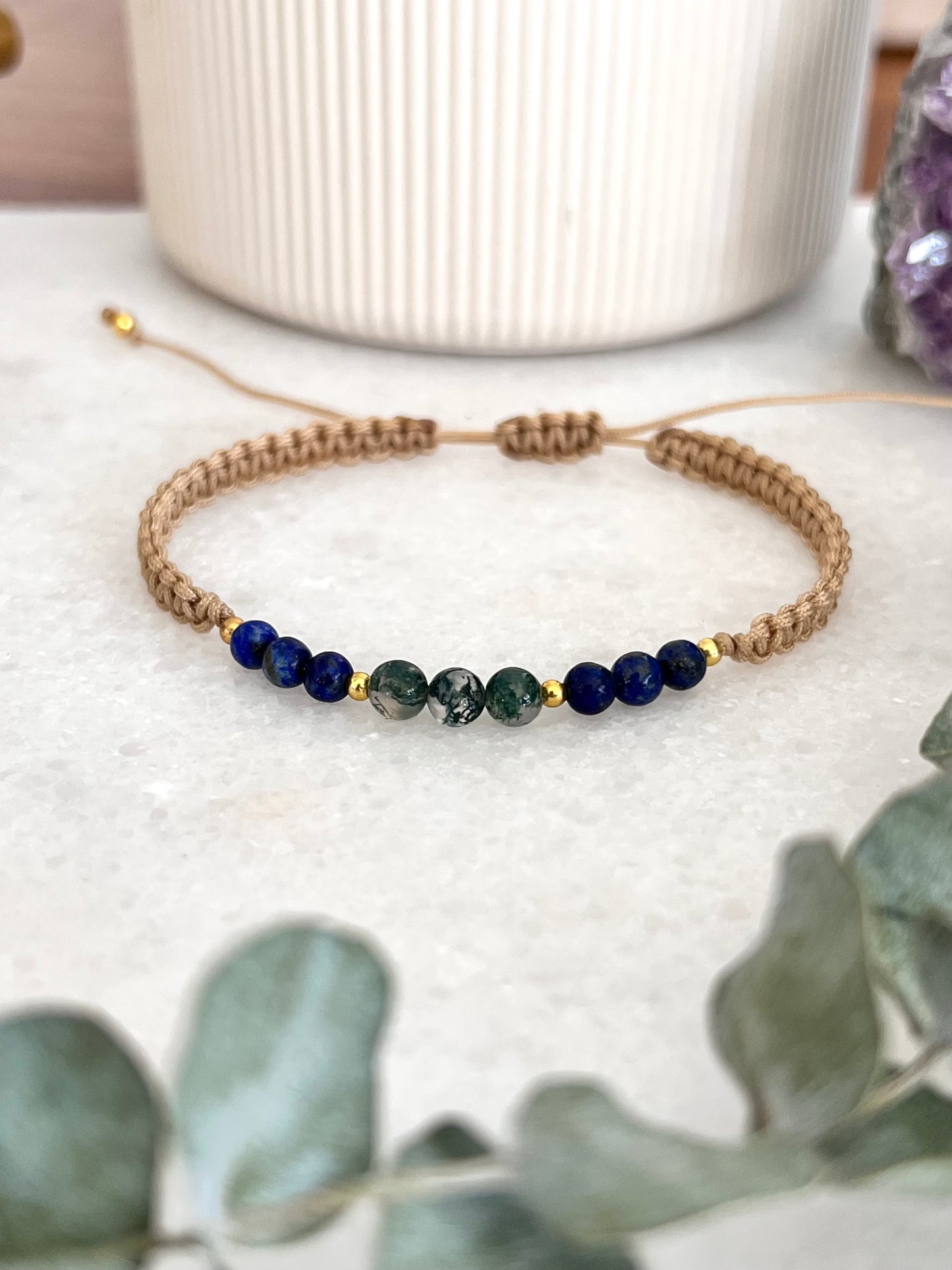 Moss Agate and Lapis Macrame Bracelet