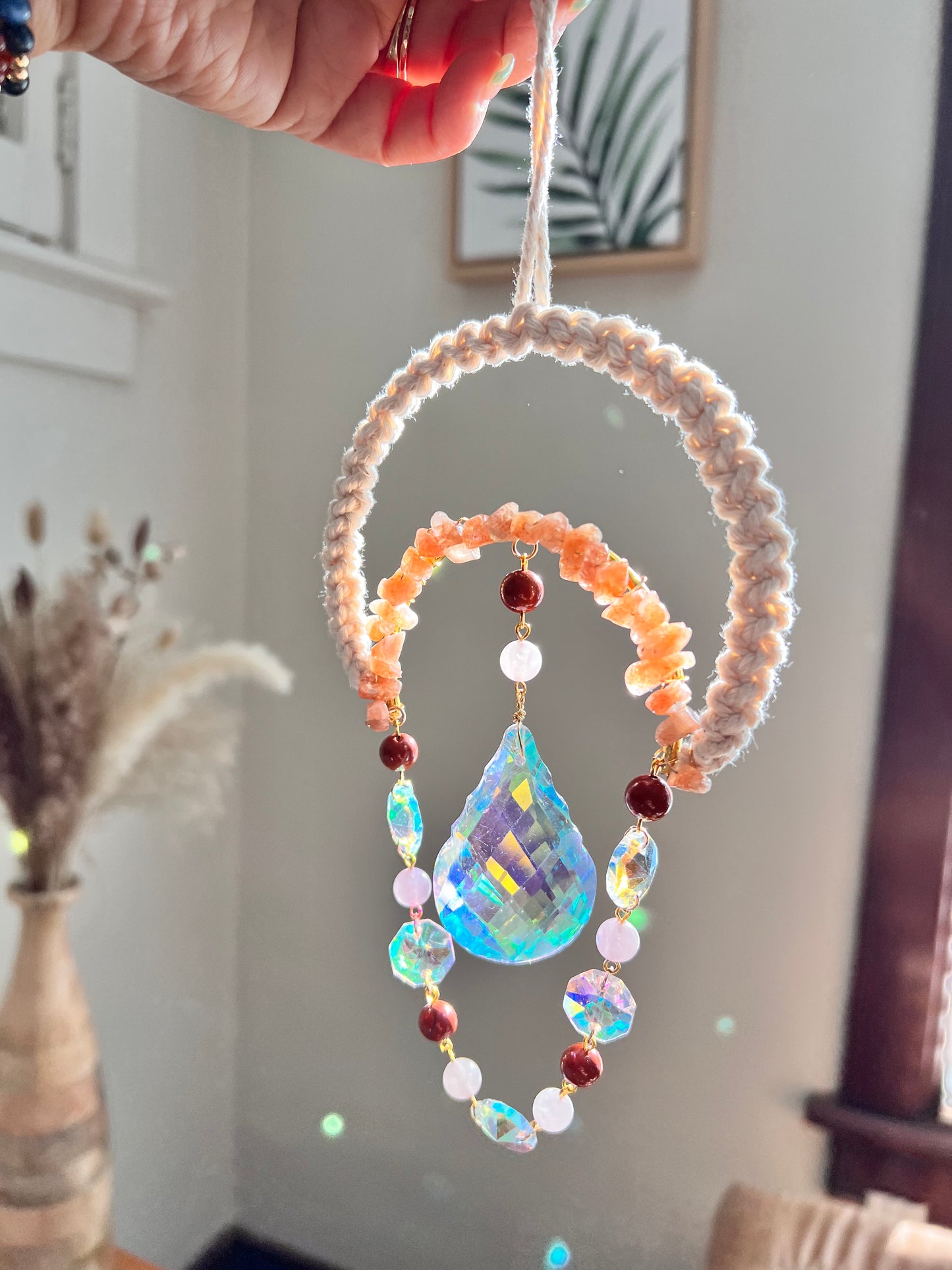 Carnelian, Garnet and Rose Quartz Crystal Suncatcher