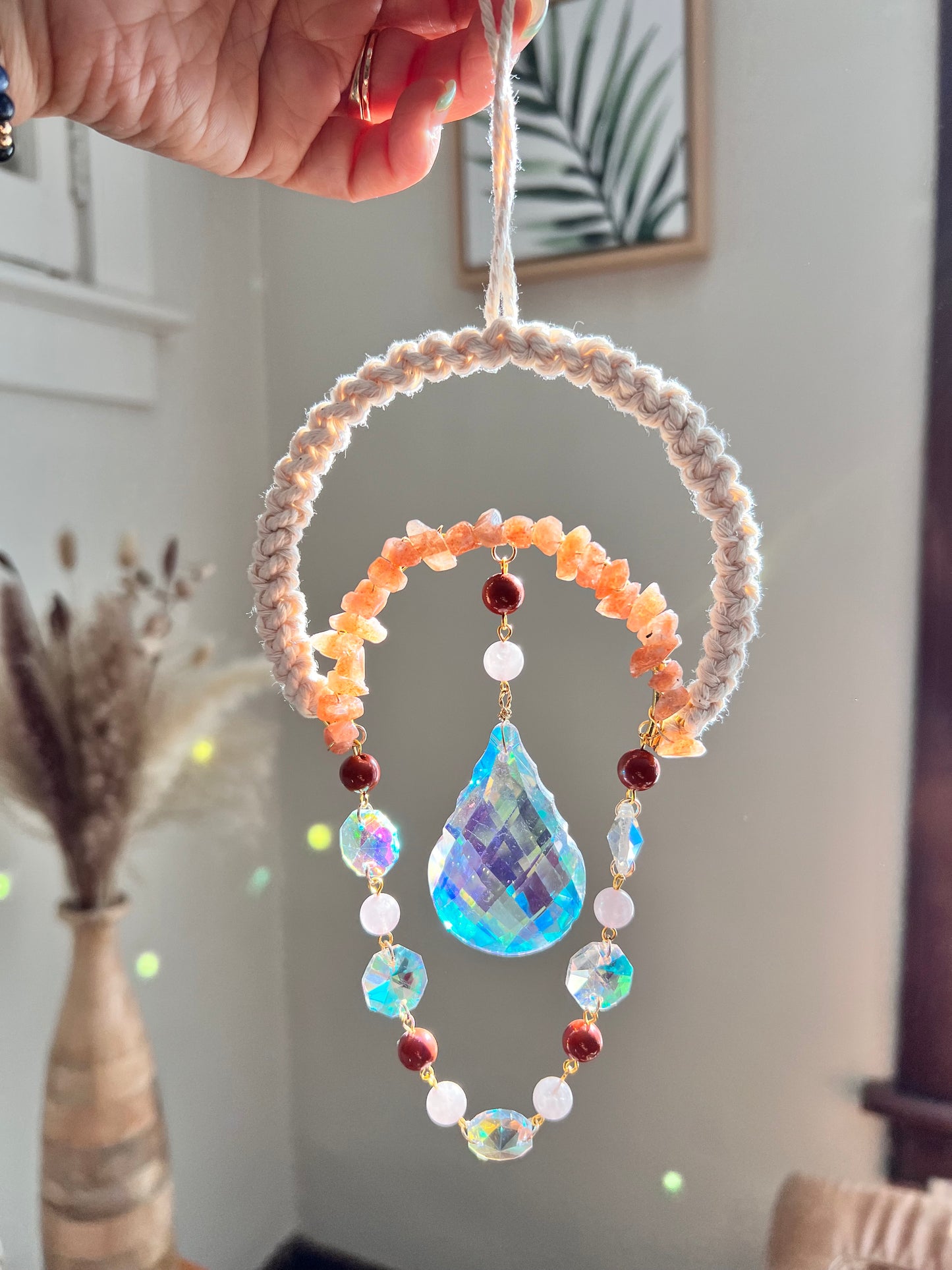 Carnelian, Garnet and Rose Quartz Crystal Suncatcher