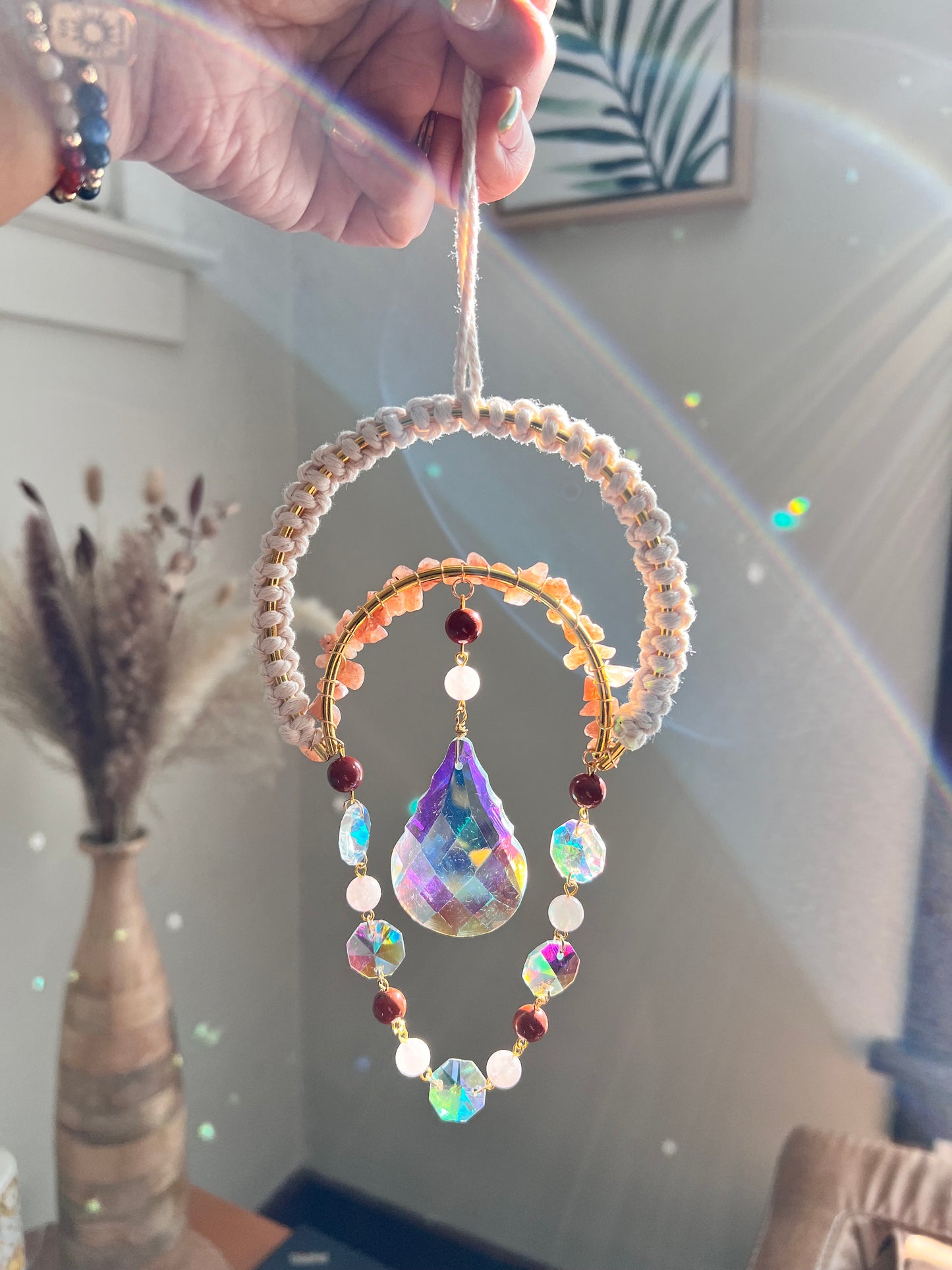 Carnelian, Garnet and Rose Quartz Crystal Suncatcher