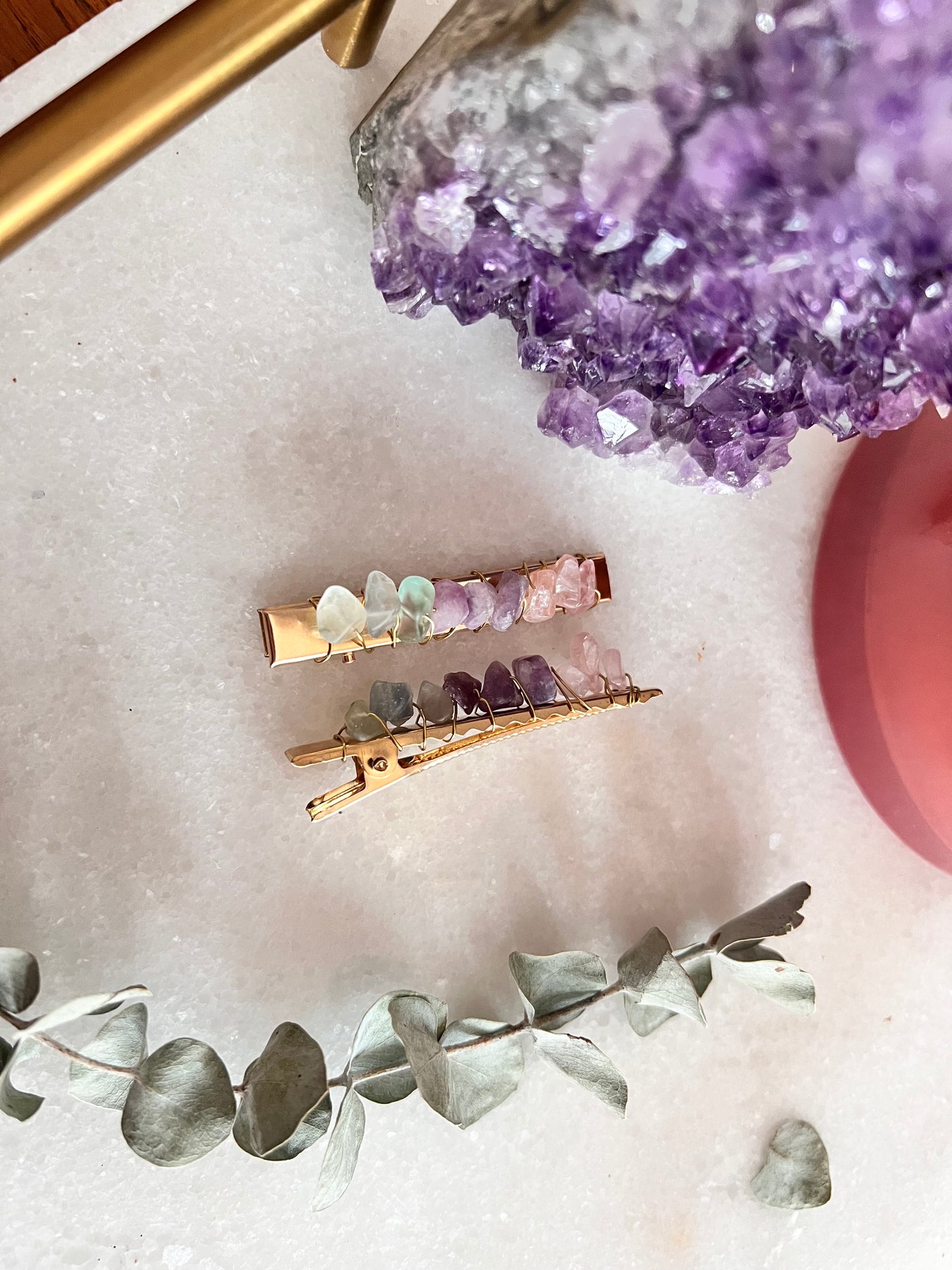 Rose Quartz, Lepidolite, Fluorite Hair Barrette