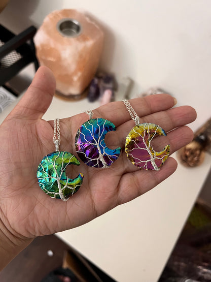 Titanium Aura Quartz Crescent Moon Tree of Life Necklace