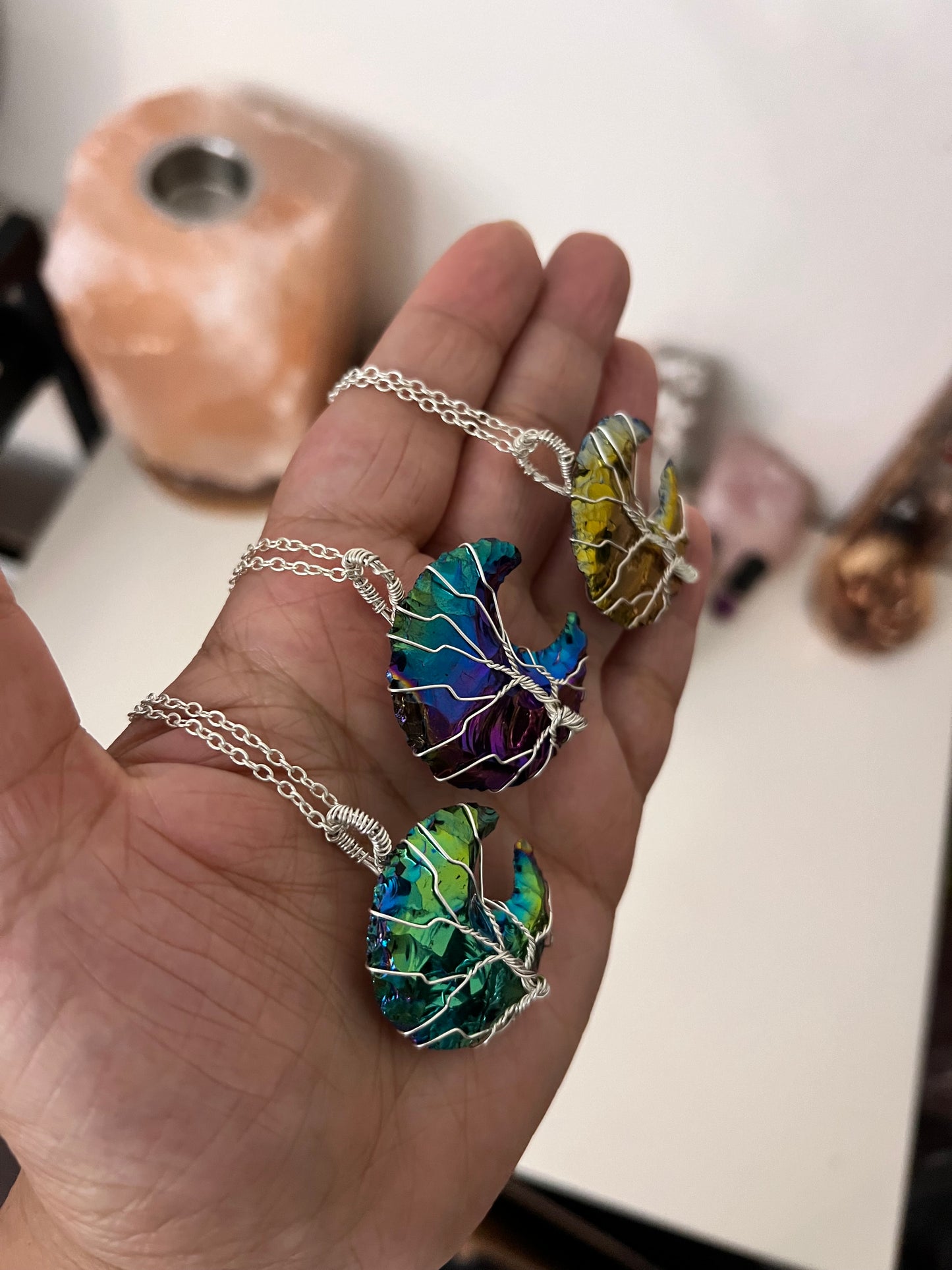 Titanium Aura Quartz Crescent Moon Tree of Life Necklace