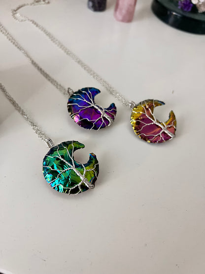 Titanium Aura Quartz Crescent Moon Tree of Life Necklace