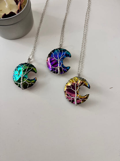 Titanium Aura Quartz Crescent Moon Tree of Life Necklace