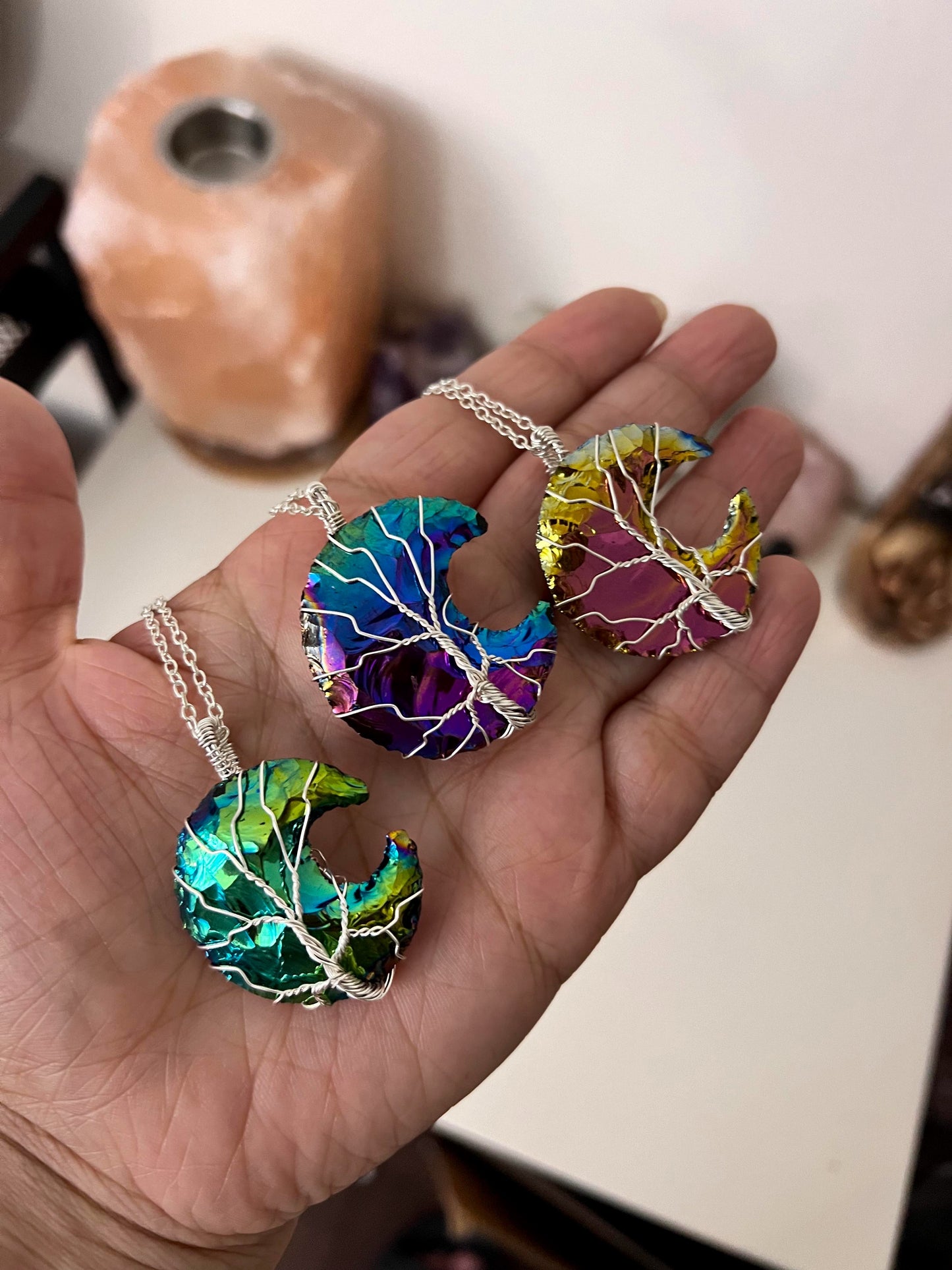 Titanium Aura Quartz Crescent Moon Tree of Life Necklace