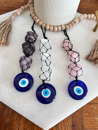 Evil Eye Macrame - Amethyst Crystals