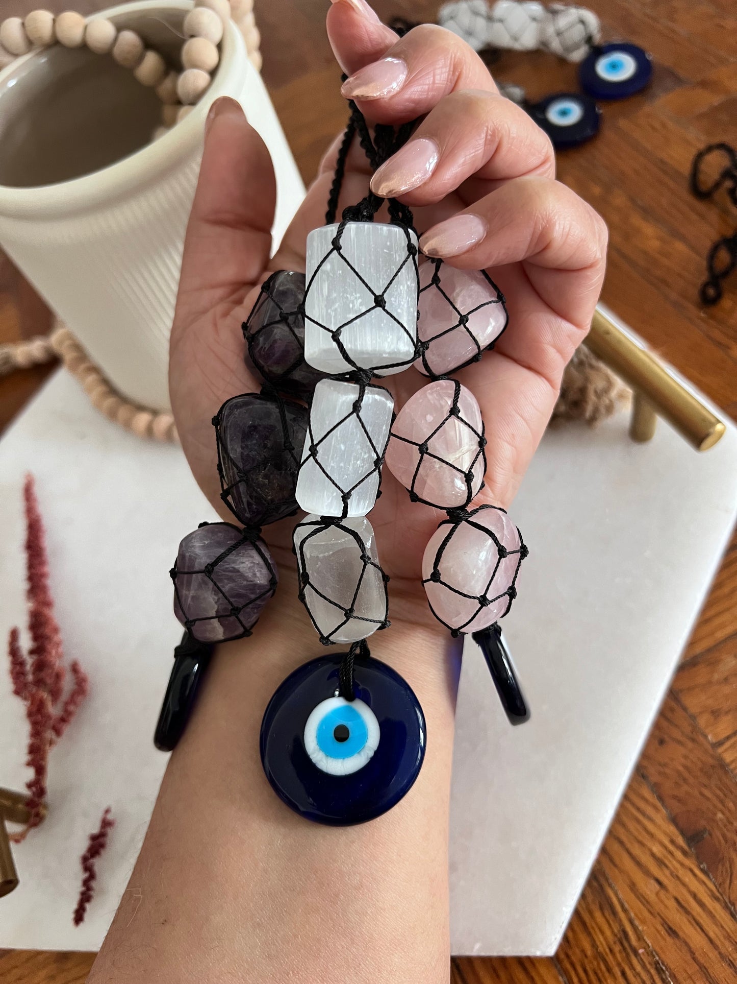 Evil Eye Macrame - Selenite Crystals