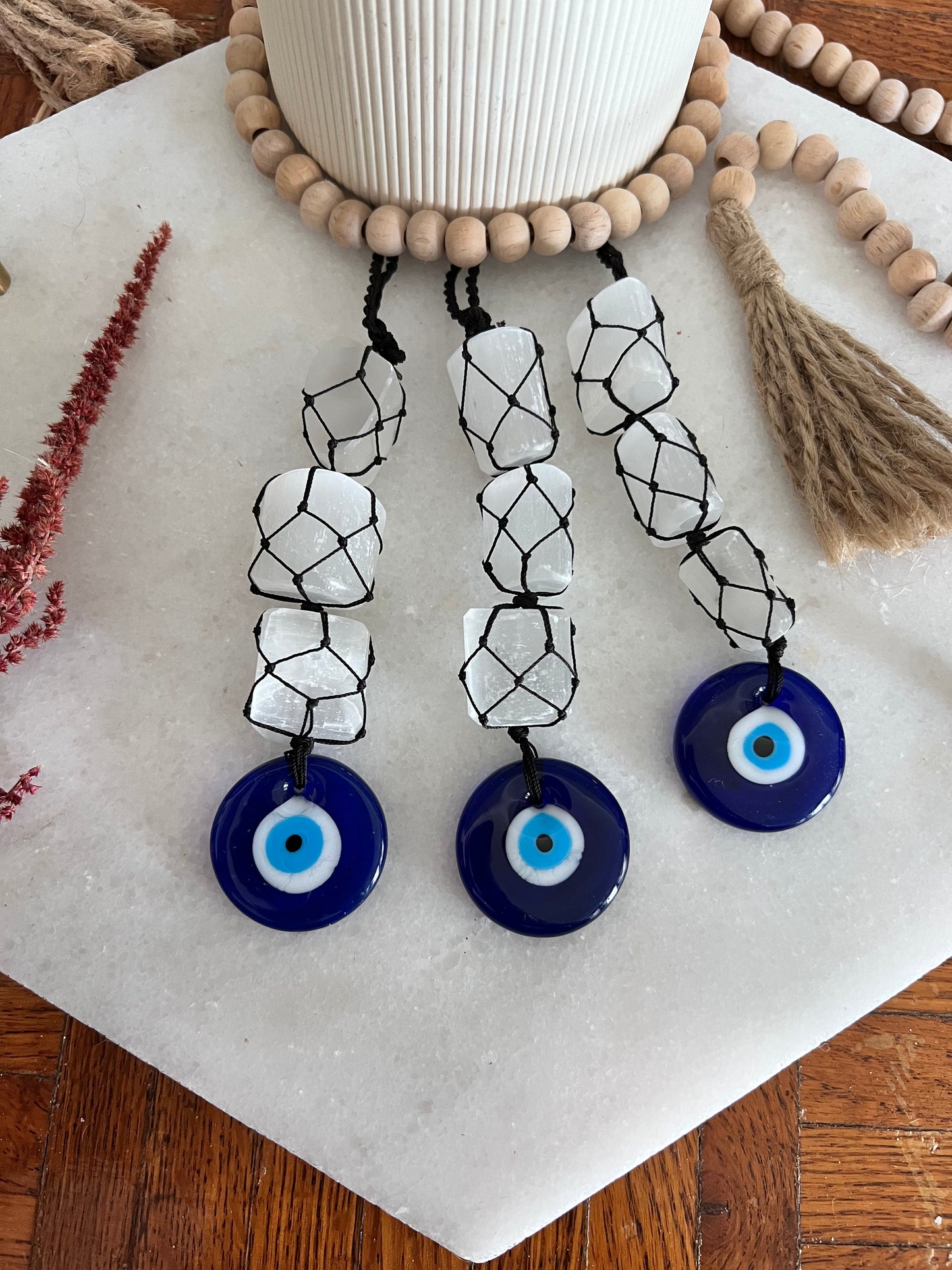 Evil Eye Macrame - Selenite Crystals