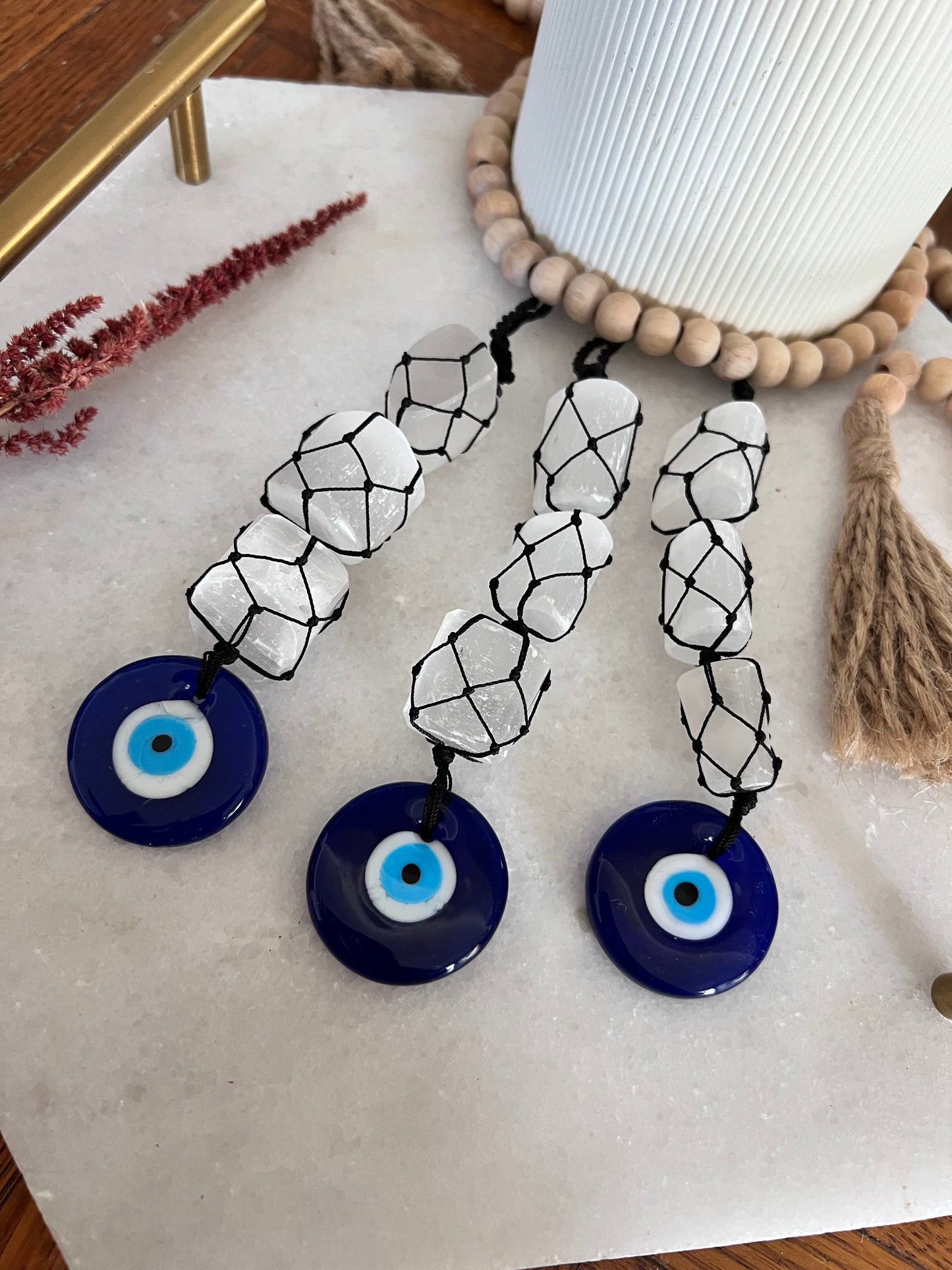 Evil Eye Macrame - Selenite Crystals