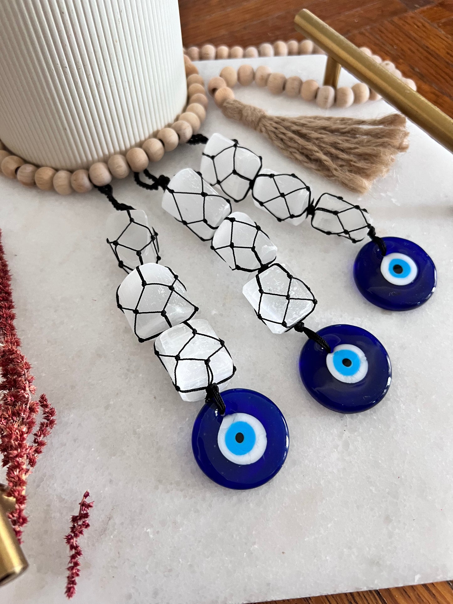 Evil Eye Macrame - Selenite Crystals