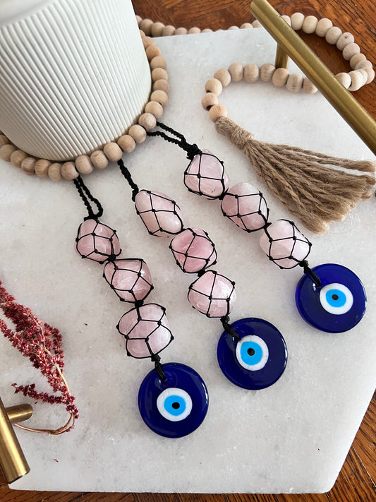 Evil Eye Macrame - Rose Quartz Crystals