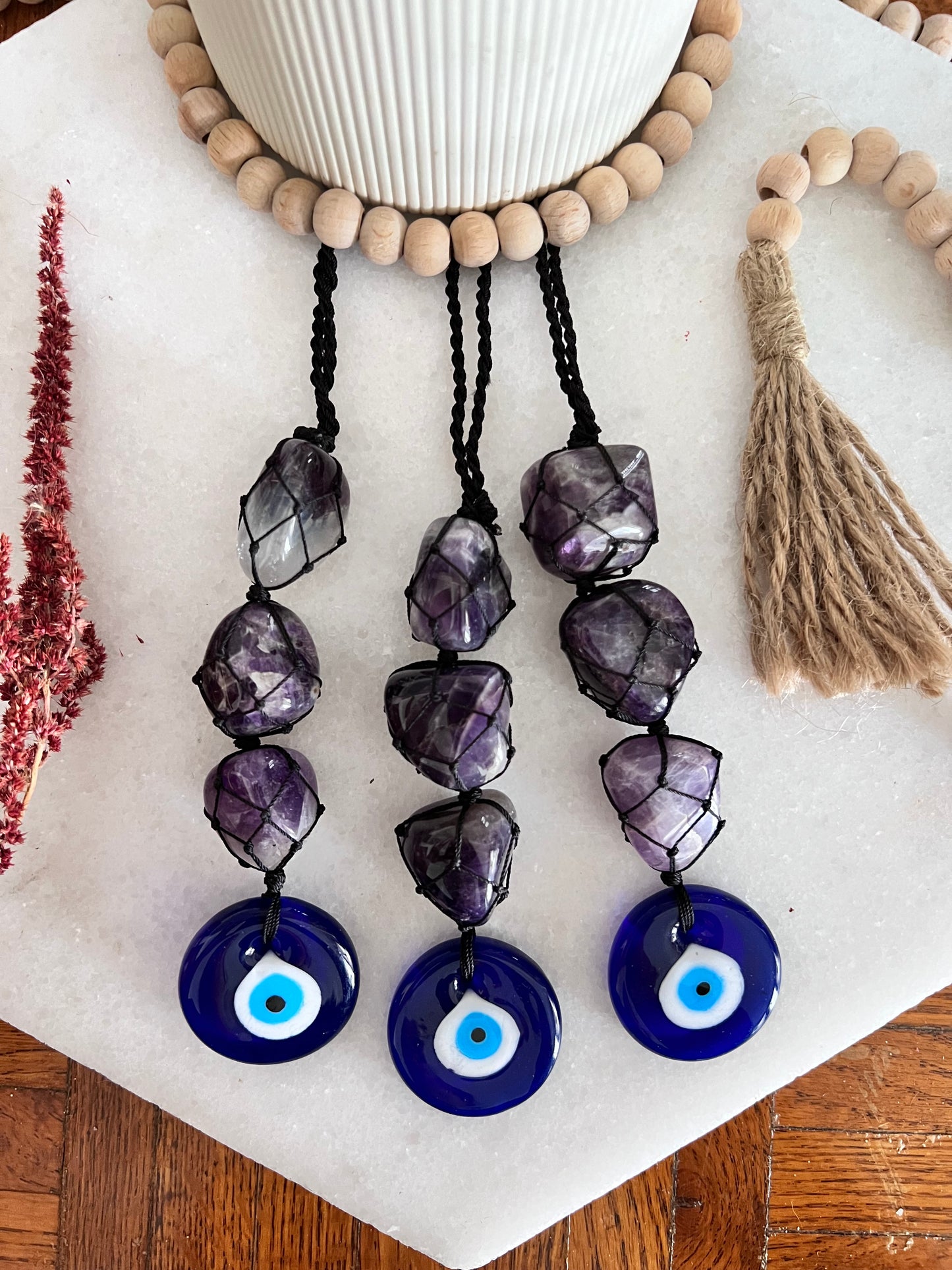 Evil Eye Macrame - Amethyst Crystals