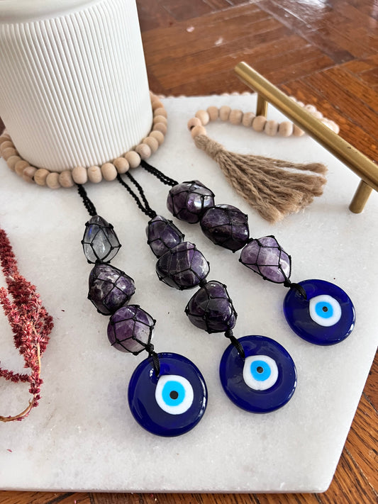 Evil Eye Macrame - Amethyst Crystals