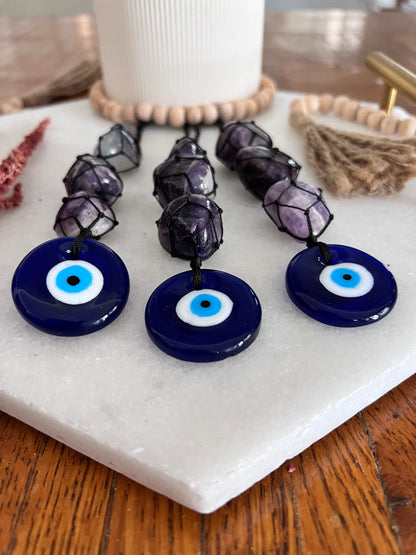 Evil Eye Macrame - Amethyst Crystals