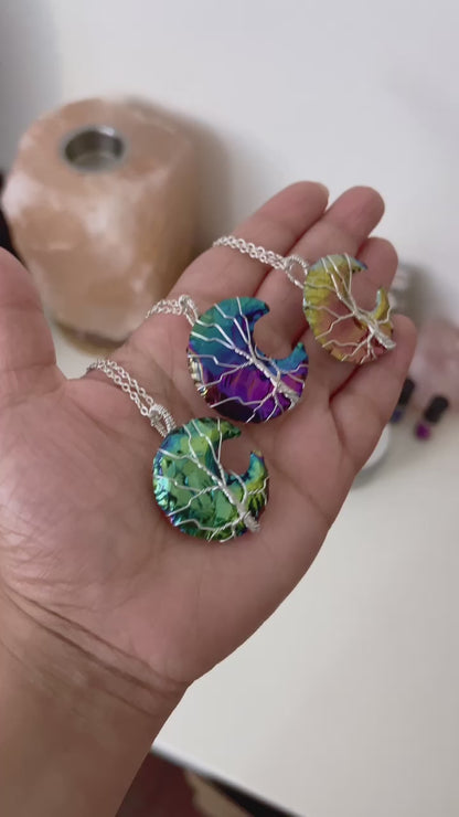 Titanium Aura Quartz Crescent Moon Tree of Life Necklace