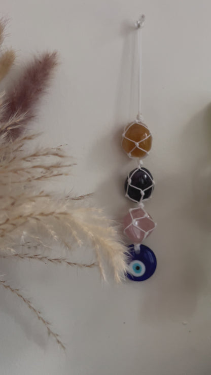 Evil Eye Macrame - Citrine, Amethyst and Rose quartz crystals